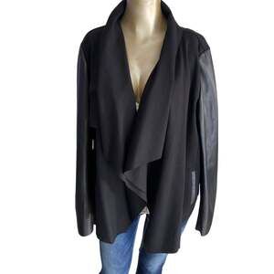Anne Klein Womens Large Black Faux Leather Sleeve Open Front Drape Jacket Coat